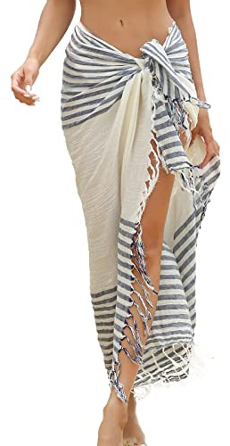 la ceida Sarong Wraps For Women Cotton Beach Cover Up Skirt Swimsuit Wrap Pareo Coverups Cotton Navy Blue Striped Sarong Coverups