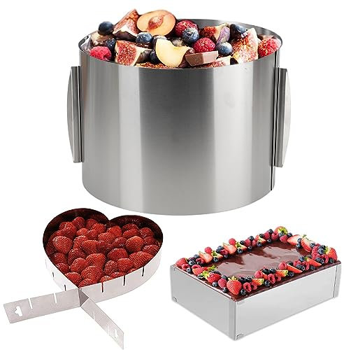 Piashow 3 Stücke Tortenring Verstellbar Set, Edelstahl Backrahmen, Wiederverwendbar Rechteckig Verstellbar Herzbackform Backring für Kuchen, Desserts, Keksen, Brot