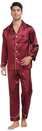 North Bund Pigiama da Uomo Raso Maniche Lunga Pantaloni Due Pezzi Camicia da Notte Caldo Lounge Set Morbido Seta Sleepwear Aperto Davanti Casa Loungewear con Tasche Borgogna M