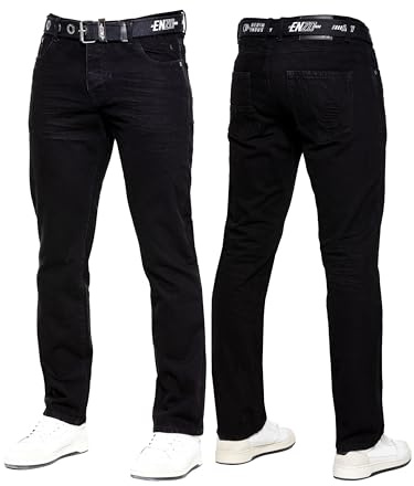 989Zé ENZO Mens Jeans Classic Straight Leg Casual Cotton Regular Fit Denim Pants Free Belt EZ384 Black 34W / 34L