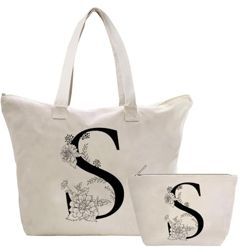 Toozen Sac Fourre-Tout en Toile avec Initiale Fleur, Personnalisés Sac Tote bag en Toile Coton Trousse de Maquillage, Idéal pour Mariage Anniversaire Noël, Cadeau pour Femmes Amis Maman Sœurs S