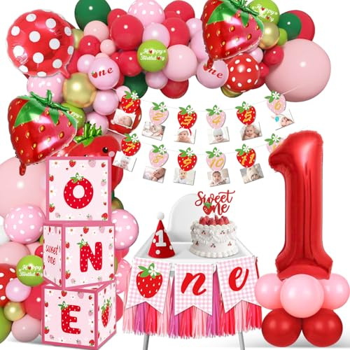 Decoration Anniversaire 1 an Fille, Ballon Anniversaire 1 An, 84 Pcs Deco Anniversaire 1 An Inclus ONE Boîte Carrée, Ballons 1 An à la Fraise, Bannière, Décorations Anniversaire 1 An Pour Les Filles