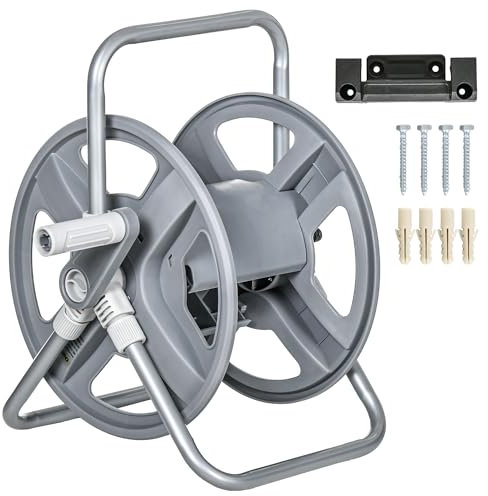 Outsunny Enrouleur de tuyau dévidoir avec poignée d'enroulement, enrouleur de tuyau d'arrosage mural ou sur pied, capacité de stockage de 40 m x 15 mm