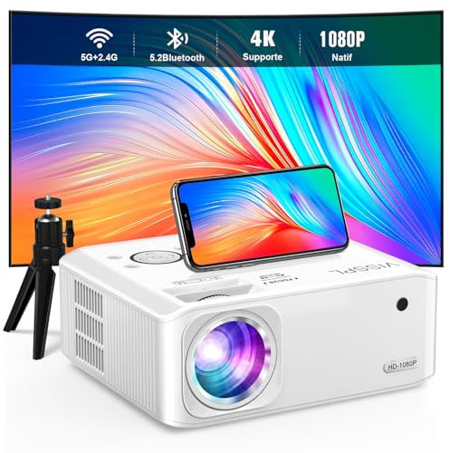 Beamer [Elektrische Keystone 6D/4P] Beamer 4K Heimkino 26000 Lumen, VISSPL Full HD 1080P WiFi Bluetooth Beamer Handy Outdoor, PPT, ±50° Zoom, Projektor kompatibel mit TV-Box/PS5/iOS/Android-Telefon