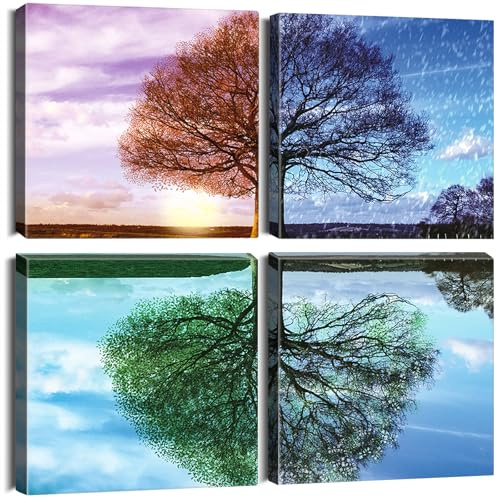 Artscope 4 Pieces Wall Art Canvas Prints - Four Seasons Tree Picture Painting- Modern Wall Artwork Framed for Bathroom Home Office Decor - 30 x 30 CM