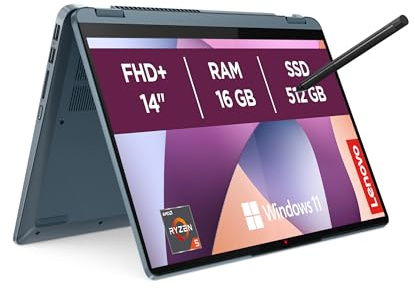 Lenovo IdeaPad Flex 5 Notebook 14 Zoll (35,6 cm) WUXGA (1920 x 1200) IPS, AMD Ryzen 5 7430U, 16 GB RAM, 512 GB SSD, Windows 11 Home, inklusive Digital Pen – Stone Blue