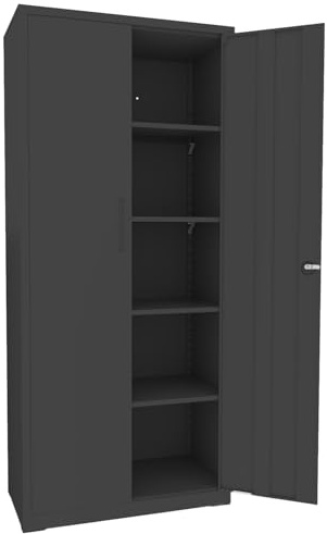 EGLEMTEK Armadio Armadietto In Metallo Multiuso A Doppia Anta Con 5 Ripiani Regolabili E Chiusura Con Doppia Chiave Mobiletto Per Documenti Strumenti Ufficio Garage Studio 180 x 80 x 40 Cm (Nero)