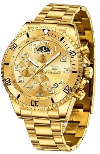 OLEVS Goldene Uhr Herren Wasserdicht Leuchtend Edelstahl Großes Zifferblatt Armbanduhr Herren Analog Chronograph Herrenuhren Metallarmband Arabische Ziffern Männer Uhr mit Datumsanzeige Mondphase