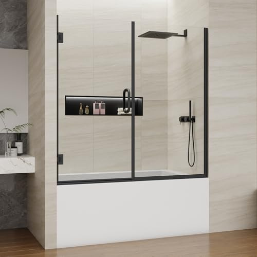 Pivot Swing Bathtub Door, Adjustable Width 60 W x 59 H Semi-Frameless Shower Glass Door with 5/16 in (8mm) Clear SGCC Tempered Glass with Nano Easy-Clean Coating (Matte Black)