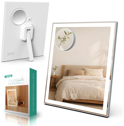 VOYOR Espejo de Maquillaje con Luz, 30 x 25 cm Espejo Tocador Recargable con 3 Modos de Luz y Control Táctil, Ampliación 10X, Fácil de Limpiar Espejo LED para Tocador, Escritorio y Dormitorio, Blanco