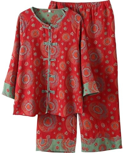 Fopytu Ensemble Pyjama Femme Style Chinois - Pyjama Traditionnel en Coton À Boutons Brandebourg Col Mandarin, Ensemble Cadeau Vêtements D'intérieur Vintage