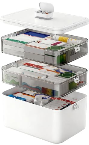 MFUSUL 3-nivåer läkemedelsförvaring, multifunktionell medicin arrangör, läkemedelslåda med bärbart handtag, husapotekslåda för hushåll och resor, vit