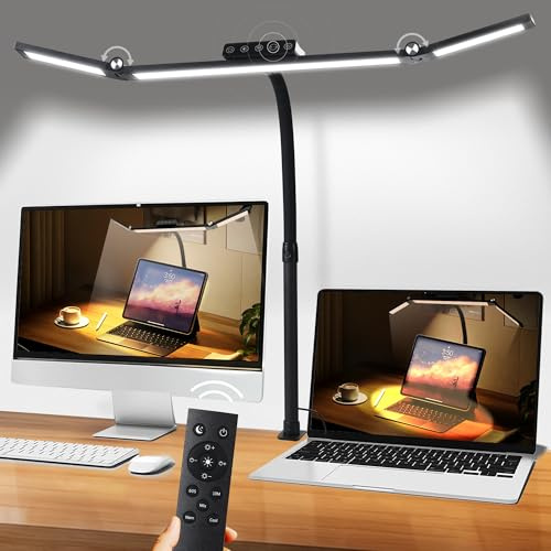 Overcomo Motion Sensor Foldable LED Desk Lamp with Clamp for Home Office | 24W Ultra Bright Remote Control Atmosphere Desk Light,5 Brightness & 5 Color Temperature,Reading Table Lamp for Study Work