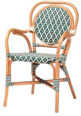 Bali & pari Mattie Rattan Bistro Chair - Handwoven Cafe-Style Dining Chair with Curved Arms for Kitchen Island or Indoor/Outdoor Lounge, Dark Teal Green & White