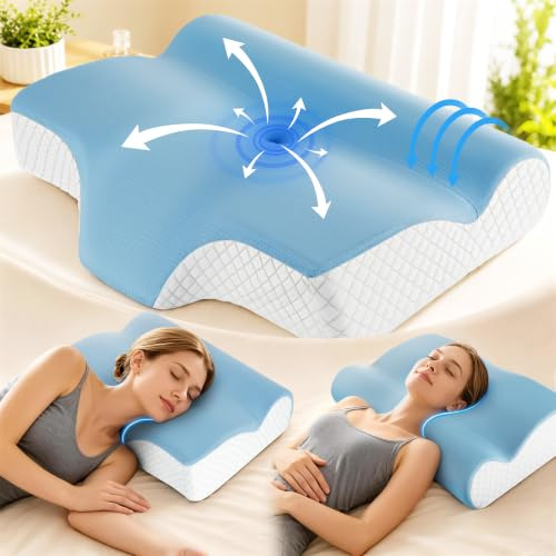 Drifina Orthopedic Cervical Pillow for Neck Pain Relief – Dual-Height Memory Foam with Neck Roll, Ergonomic Contour & Cooling Washable Cover – Support for Side, Back & Stomach Sleepers, Ice Blue
