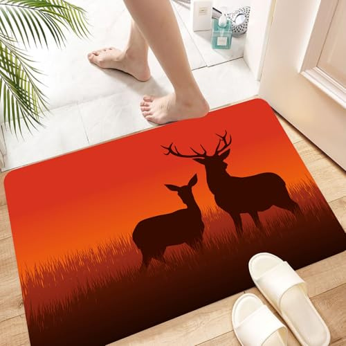 HYOSXW Alfombra de Baño Antideslizante 40x60 cm,Caza, ilustración de Silueta de un Ciervo y una cierva en el Horizonte de la,Microfibra Súper Absorbente y Suave, Alfombrilla Lavable y Ducha o Bañera