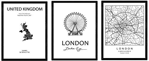 Pack de posters de paises y monumentos. Mapa ciudad Londres United Kingdom y monumentos B. Tamaño A3