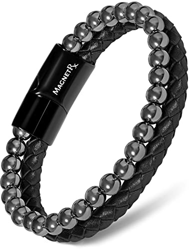 MagnetRX® Hematit & Läder Magnetarmband - Pärlbelagda Magnetiska Hematit Armband (Stor)