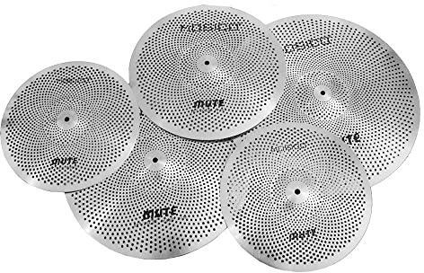 Low Volume Cymbal Pack Mute Set 14'Hihats+16Crash+18'Crash+20Ride 5 Pieces Silver Drummer Practice Quiet Cymbal for Drum Set