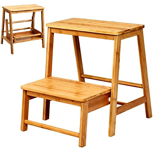 GIANTEX Escalera Silla de Bambú, Escalera Plegable Multifuncional, Taburete de Escalera de 2 Peldaños, Soporta hasta 100 kg, 45 x 51 x 48 cm (Natural)