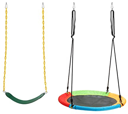 COSTWAY Set di 2 Altalena da Giardino per Bambini, con 1 Sedile Altalena in EVA Morbido e 1 Altalena Nido, 2 Modi per Appenderle, Ideale per Parco, Giochi, Cortile, Giardino (Giallo+Blu, Altalena)