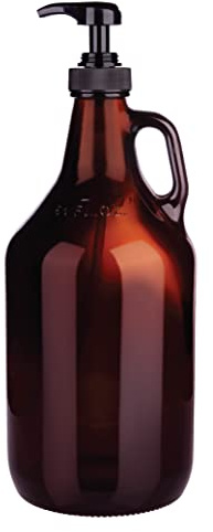 Half Gallon Glass Pump Dispenser Bottle, Large Jug with Pump for Laundry Soap Dispenser, Liquid Detergent, Fabric Softener, Syrup Pump - 64 oz Capacity - Amber Bottle- Pack of 2, by Kitchentoolz