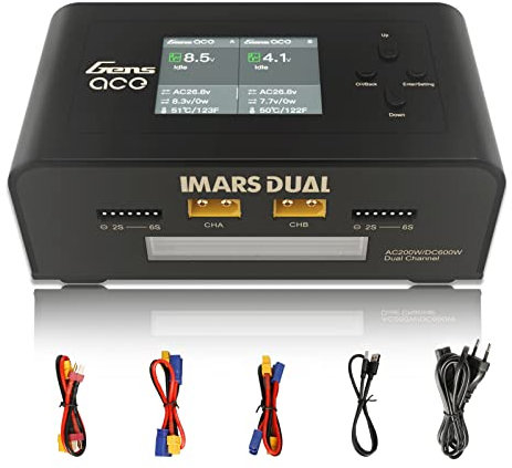 GensAce Cargador Imars Dual Channel AC200W/DC300Wx2 Balance Paquete de batería Cargador para batería Ninh/Lipo (Negro)