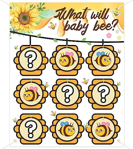 BLOOMWIN Gender Reveal Tic Tac Toe – Baby Gender Reveal Party spel – What Will Baby Bee baby party gissningsspel X och O – bin Gender Reveal Idéer Boy and Girl Party dekoration bakgrund