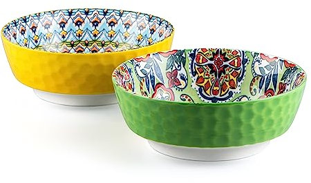HENXFEN LEAD Large Porcelain Salad Bowl, 1440ml Serving Bowls Set of 2, Ceramic Bowl for Ramen, Soup, Fruit, Snacks etc. Colourful - Bohemian Style