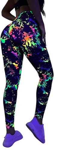GORGLITTER Women's Neon 80s Leggings Rave High Waisted Y2K Festival Skinny Pants Multicolor Small