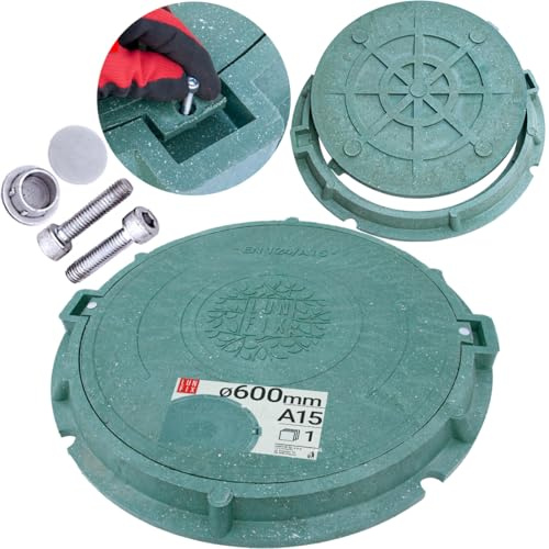 Chiusino pozzetto DN600 A15 verde con telaio, copertura pozzetto giardino in polimero-sabbia e plastica, coperchio rotondo 600 mm resistente 1,5 t per drenaggio acqua, tappo canale, Lun Fix