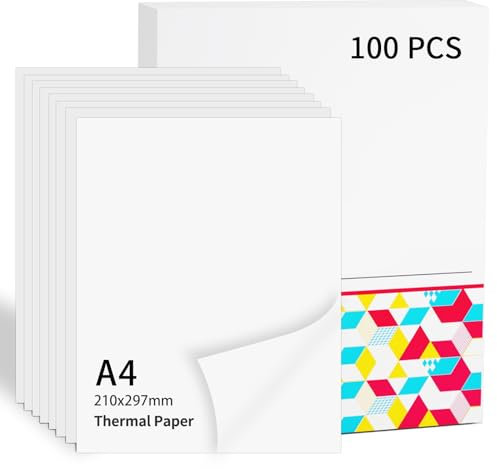 Thermopapier A4-8.27 x 11.69 (210mm x 297mm) Kompatibel mit Phomemo M08F/M08D/M832/M832D/M833/M834/M835/Q302 Mobiler Drucker, für Vertrag, Fotos, Hausaufgaben, 10 Jahre Thermopapier, 100 Blatt