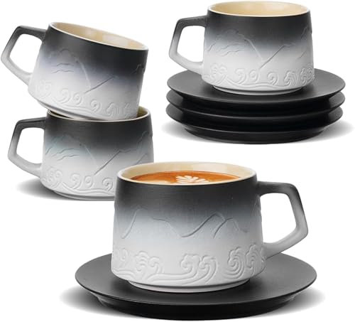 Cappuccino Tassen mit Untertassen 4er-Set, 200ml Geprägte Kaffeetassen mit Untertasse für Latte Art, Handbemalte Gradienten Weiß Kaffeebecher aus Steingut Tassen Geschenke für Kaffeeliebhaber,Tee