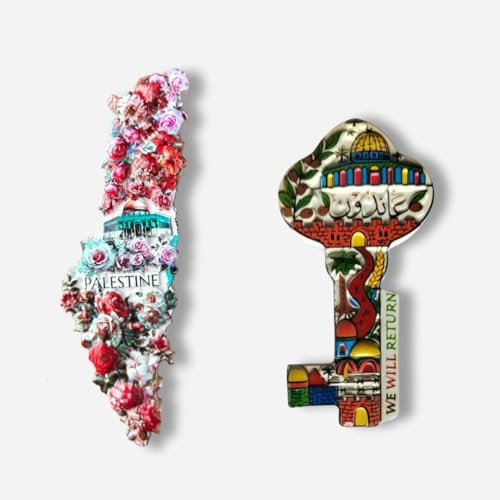 Generic 2Pcs Palestine Magnets, Cultural, Modern Fridge Magnets, 2 Pack, Resin Material, Small Size, Rectangular Shape, Palestinian Map Decorated with Flowers and Key of Return