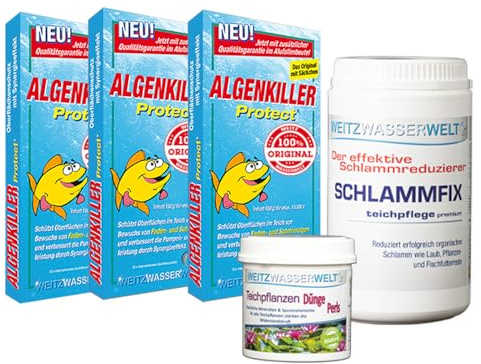 ALGENFREI & PFLANZENPFLEGE Set- Schlammentferner, Algizid Teichklar & Teich Pflanzen Dünger - das ideale Teich Zubehör für klares Wasser im Fischteich und prachtvolle Sumpf- und Wasserpflanzen