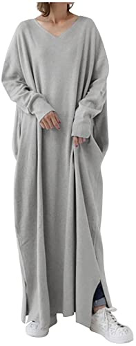 Vestidos de manga larga para mujer, casuales, sueltos, maxi, vestidos de noche de cuello en V liso para damas, ropa cómoda de casa para otoño e invierno, talla grande, ropa de estar por casa, vestidos