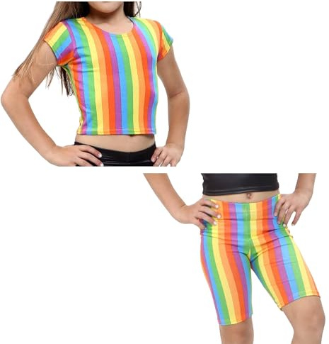 Mädchen Regenbogen Crop Top Leggings Shorts Set Kinder Shirt Sommer Party 5-13 Jahre, Crop Top & Fahrradshorts, 5-6 Jahre