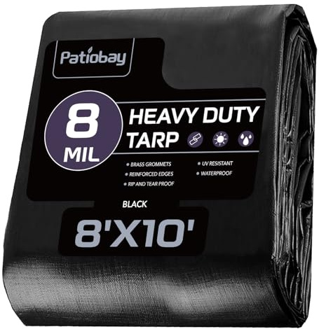 Patiobay Tarp 8x10 Feet, 8 Mil Waterproof Tarps Heavy Duty with Grommets Every 23.6, Thick Plastic Tarp, UV Resistant Tear&Fade Resistant, Reinforced Edges for Outdoor Pool Camp Tent