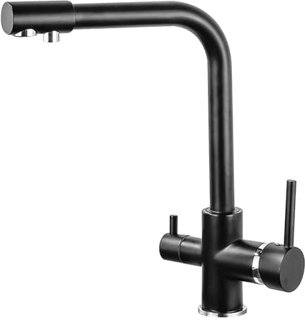 3 Way Kitchen Tap, 3 in 1 Kitchen Sink Mixer Tap with Drinking Filtered Water Outlet, 360° Swivel Spout & Dual Lever Pure Water Filter Tap, Stainless Steel High Arc Triflow Faucet (Black)