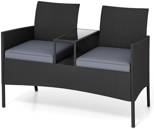 LIFEZEAL Banc Double de Jardin en Rotin PE avec Table en Verre Trempé, Fauteuil de Balcon 2 Personnes avec Coussin, Salon 2 Places avec Coussins, Mobilier de Terrasse, Patio, Charge 360 kg (Gris)