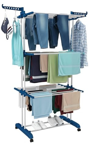 Sir Schmeer Rollbarer Wäscheständer Turm 4-Etagen | Faltbarer Wäschetrockner mit Rollen & Haken | Platzsparend, Edelstahl, Indoor & Outdoor | Stabiler Wäscheständer auf Rädern (Blau)