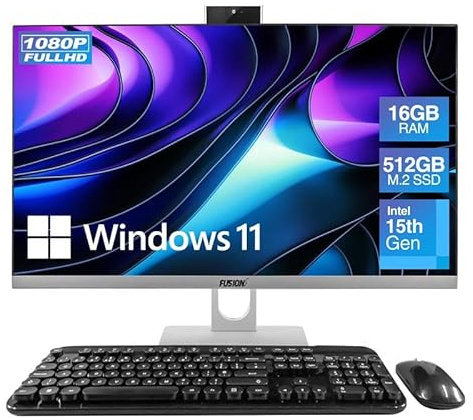23.8 Full HD All in One PC Desktop Computer (Dec 2025 Release) - 16GB RAM, 512GB SSD, Windows 11, Intel 15th Gen Quad-Core CPU, HDMI, USB 3.0 - AIO PC with Wireless Keyboard, Mouse, 3MP Web Camera