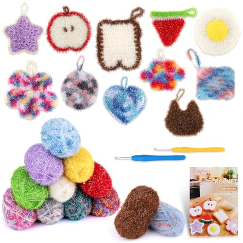 Coopay Pelote de Laine pour Crochet Éponge, 600g (12 x 50 g) Fil Crochet Pailletée, Fil à Crocheter en Polyester pour Éponge à Vaisselle, Bricolage, Artisanat, Décoration, avec Carte de Vidéo
