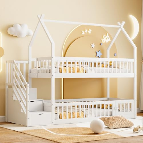 luckdect Lit superposé 90 x 200 avec escalier de Rangement, lit Mezzanine 2 Places avec Garde-Corps sur Toute la Longueur, en Forme de Maison avec des Lattes Robustes, pour Chambre de dortoir