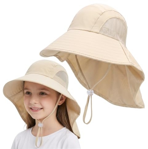 Zouwel Toddler Kids Bucket Sun Hat,UPF 50+ UV Wide Brim Summer Beach Hat with Neck Flap,Adjustable Drawstring & Chin Strap for Boys Girls (Khaki)