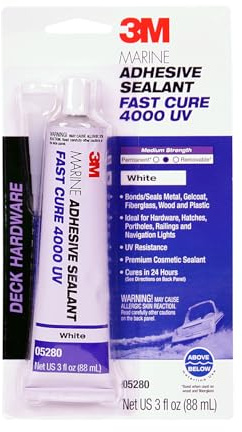 3M Marine Adhesive Sealant 4000 UV (05280), Medium Strength Flexible Waterproof Adhesive Sealant for Boats and RVs, UV Resistant, Cures in 24 Hours, White, 3 fl oz Tube