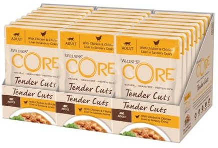 Wellness CORE Tender Cuts 24 x 85g, Poulet/Foie de Poulet – Tendre Morceaux pour Chats Adultes, sans Céréales, Naturelles, Hypoallergénique, Riche en protéines, À Haute Teneur en Viande,