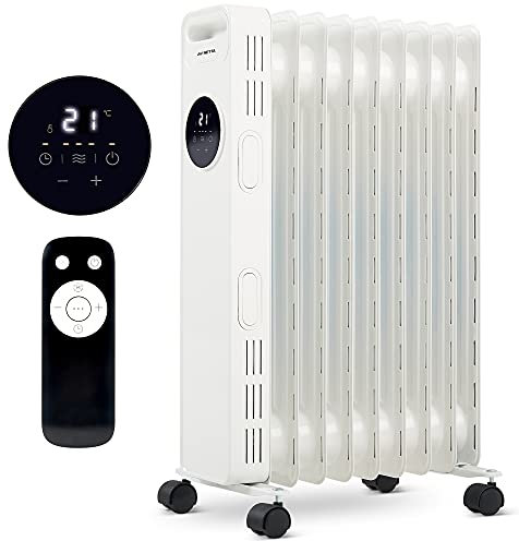 NETTA Oil Filled Radiator Heater 2000W with 24 Hour Timer, 3 Heat Settings, Remote Control, LED Digital Display, Overheating and Tip-Over Protection – 9 Fin, White