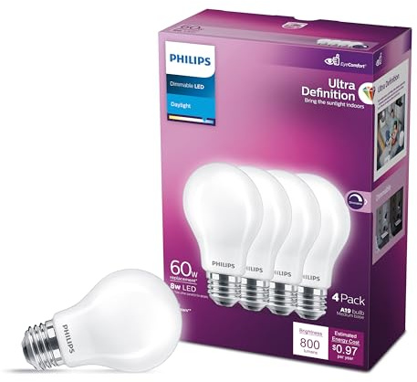 PHILIPS LED 60W A19 4-Pack Ultra Definition Daylight (5000K) 800 Lumen (8W = 60W) Dimmable Frosted Flicker-Free Light Bulbs