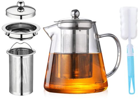 Théière en verre avec infuseur [Style de mise à niveau] Théière en verre résistant à la chaleur avec infuseur amovible, Transparente 950ML